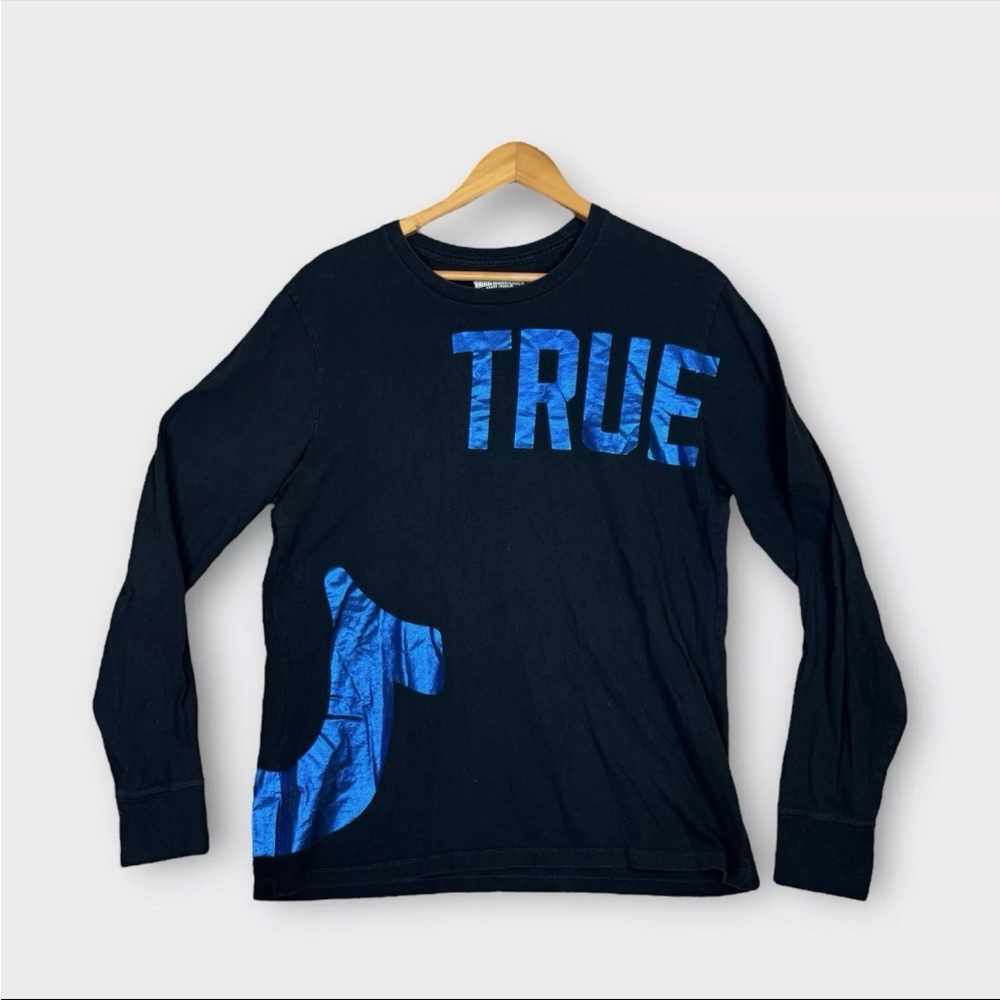 True Religion T Shirt Mens Large Black Long Sleeve Shirt Spell Out Big Logo Y2K
